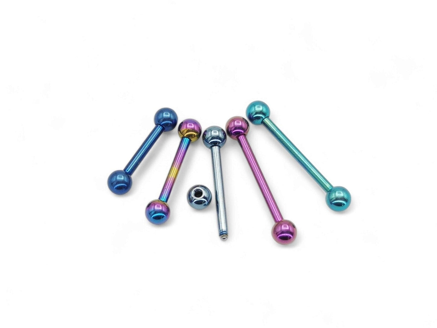 A selection of titanium anodized barbells in various colors, with balls and threading, arranged in a line against a white background.