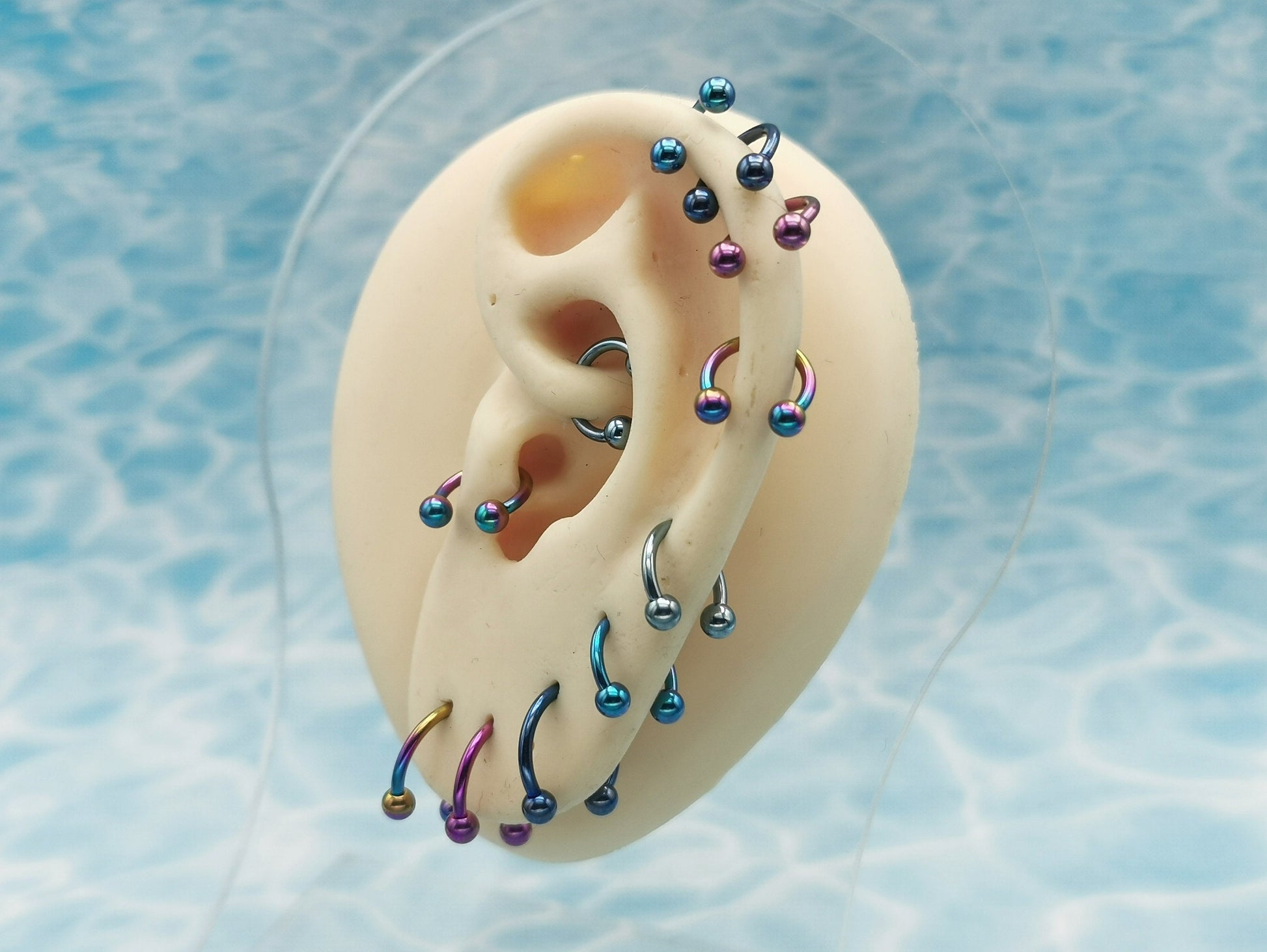 A selection of circular barbells in various colors, including blue, pink, and rainbow, designed for lip, ear, and septum piercings.