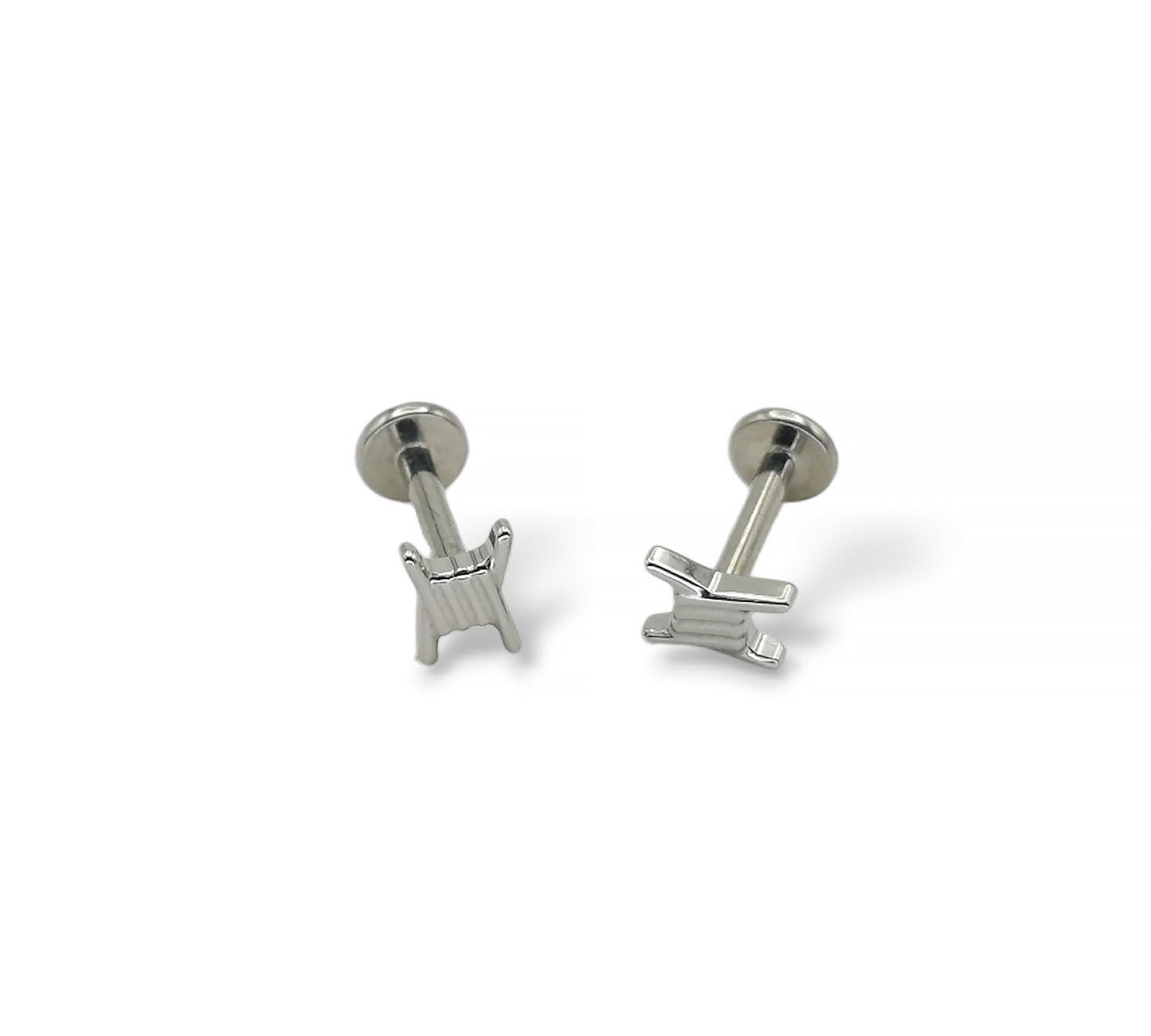 Two titanium barb wire threadless studs with a push-fit design