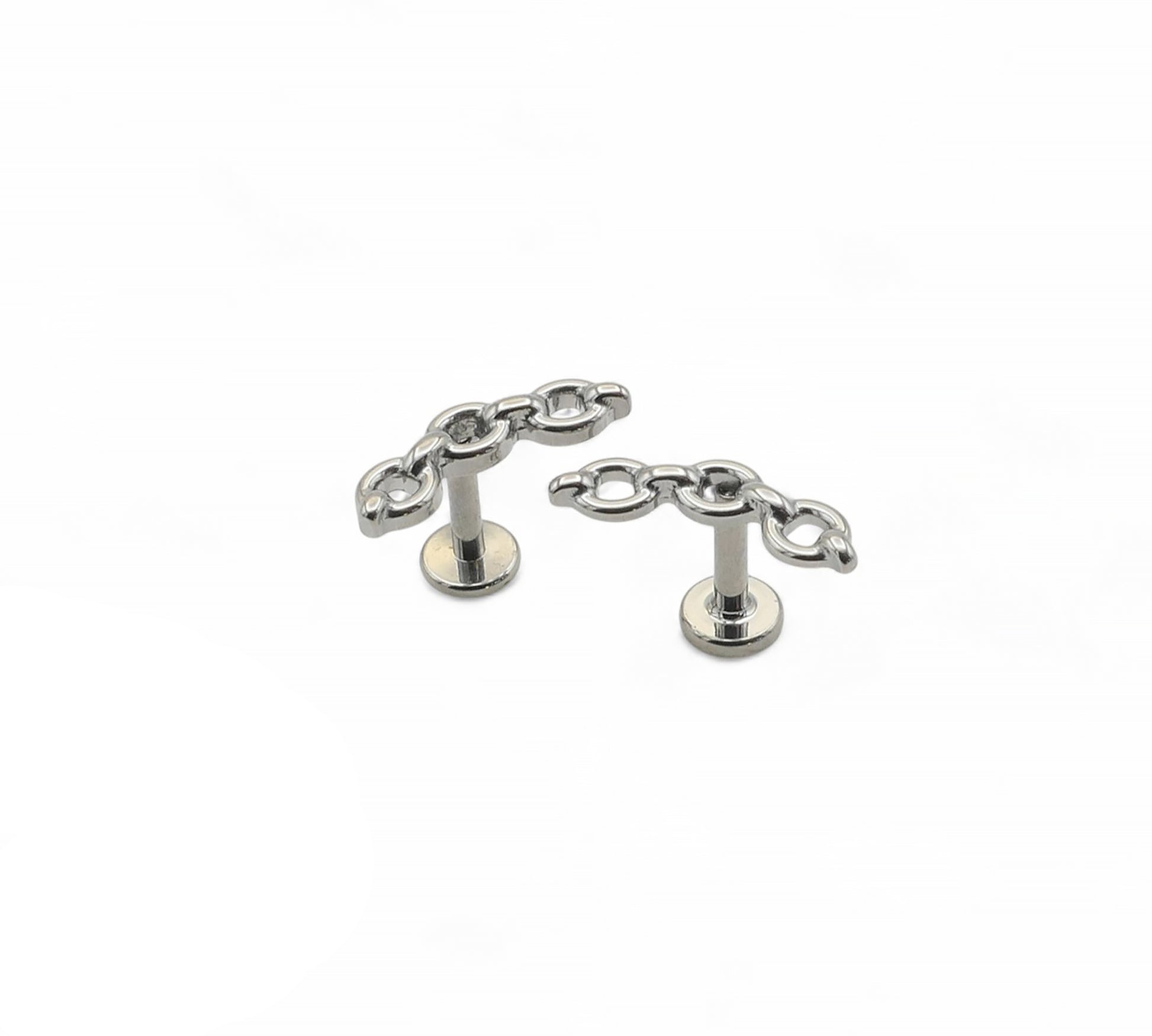 A pair of polished titanium chain link studs designed for 1.2mm internal thread posts.