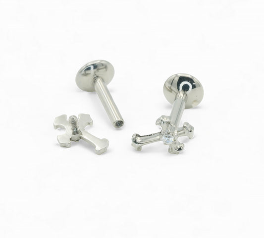 A set of two titanium claw set jewelled crosses with a 1mm clear crystal, polished finish, displayed on a white background.