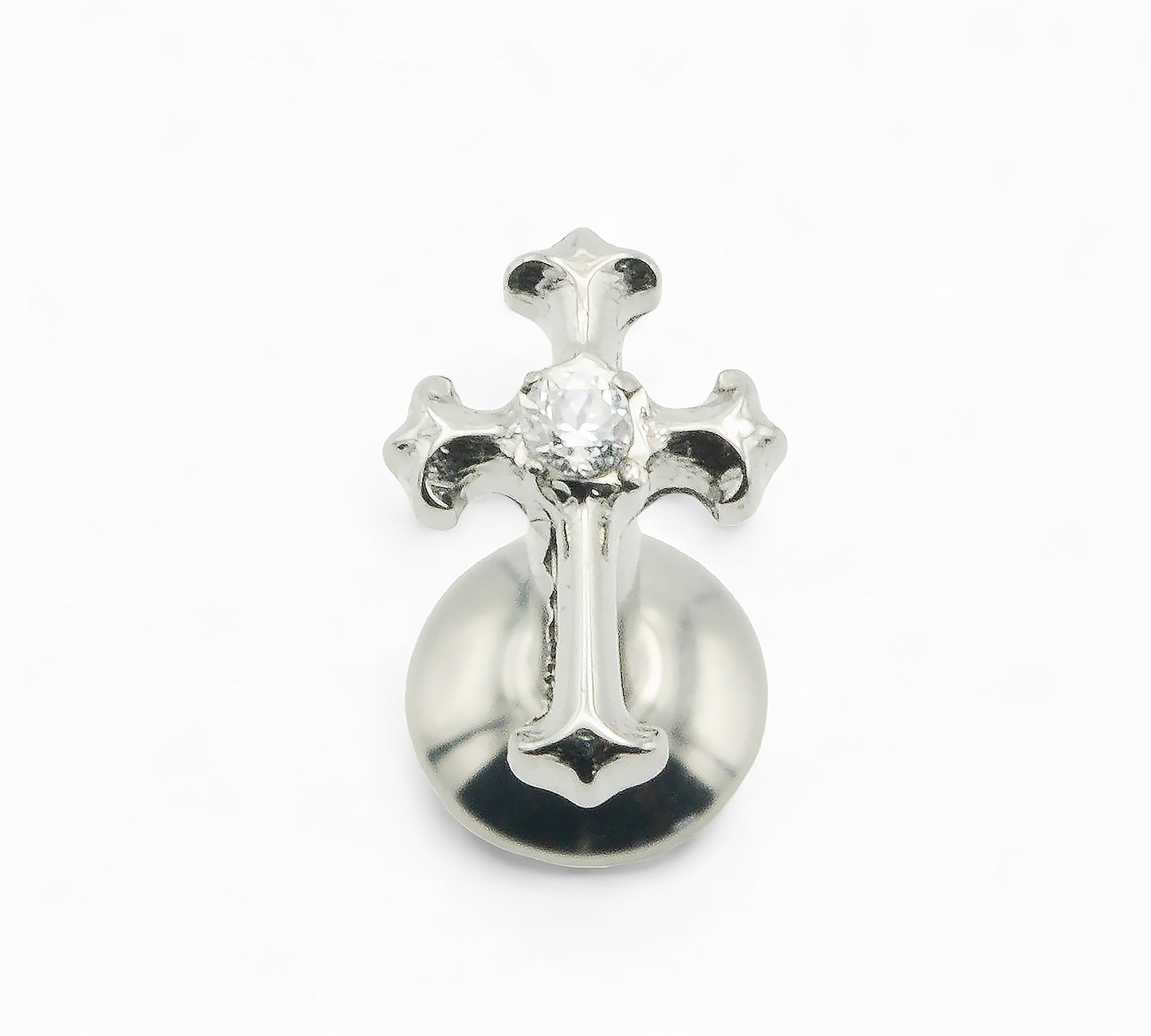 Atitanium claw set jewelled cross with a 1mm clear crystal, polished finish, displayed on a white background.