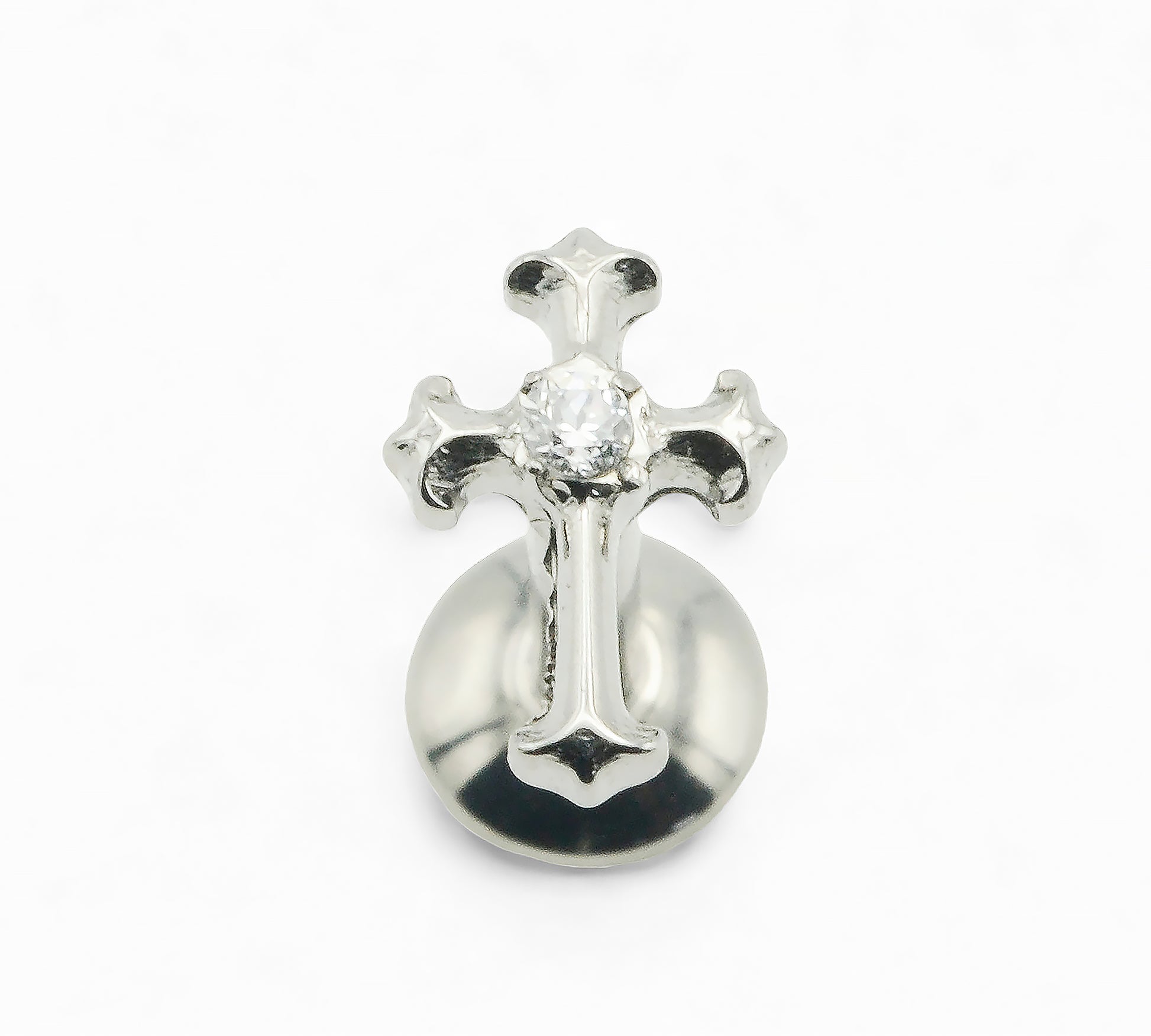 Atitanium claw set jewelled cross with a 1mm clear crystal, polished finish, displayed on a white background.
