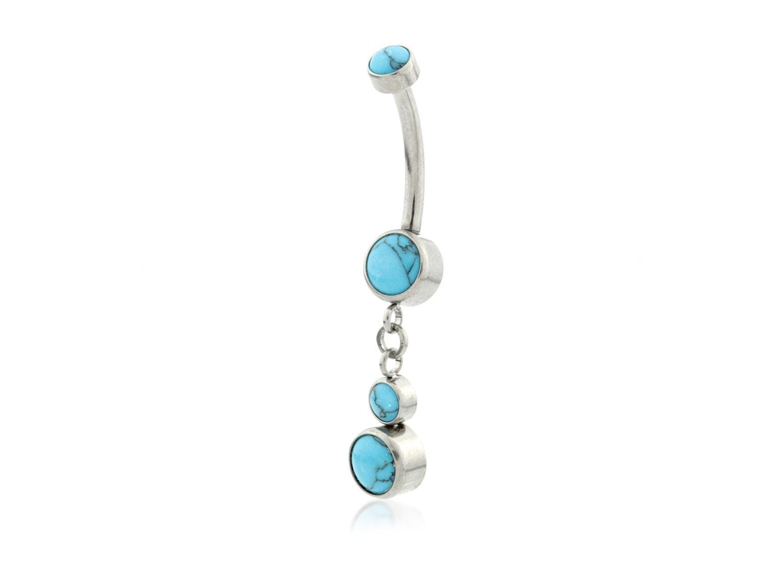 A titanium belly bar jewellery with blue turquoise gemstones and silver-colored ends.