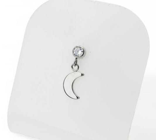 Titanium threadless jewelled stud with crescent moon charm 1mm/18g, 1.2mm/16g, 6mm-8mm length