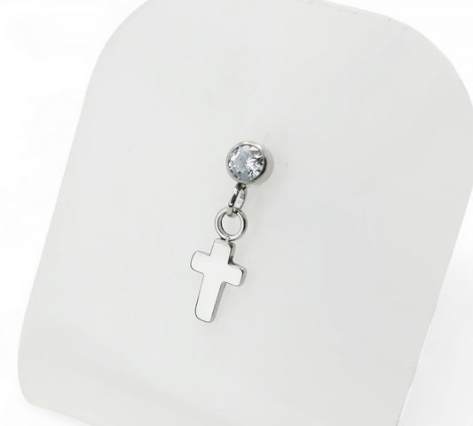 Titanium threadless jewelled stud 1mm/18g, 1.2mm/16g with cross charm