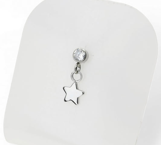Titanium threadless jewelled stud with star charm, 1mm/18g, 1.2mm/16g, 6mm-8mm length