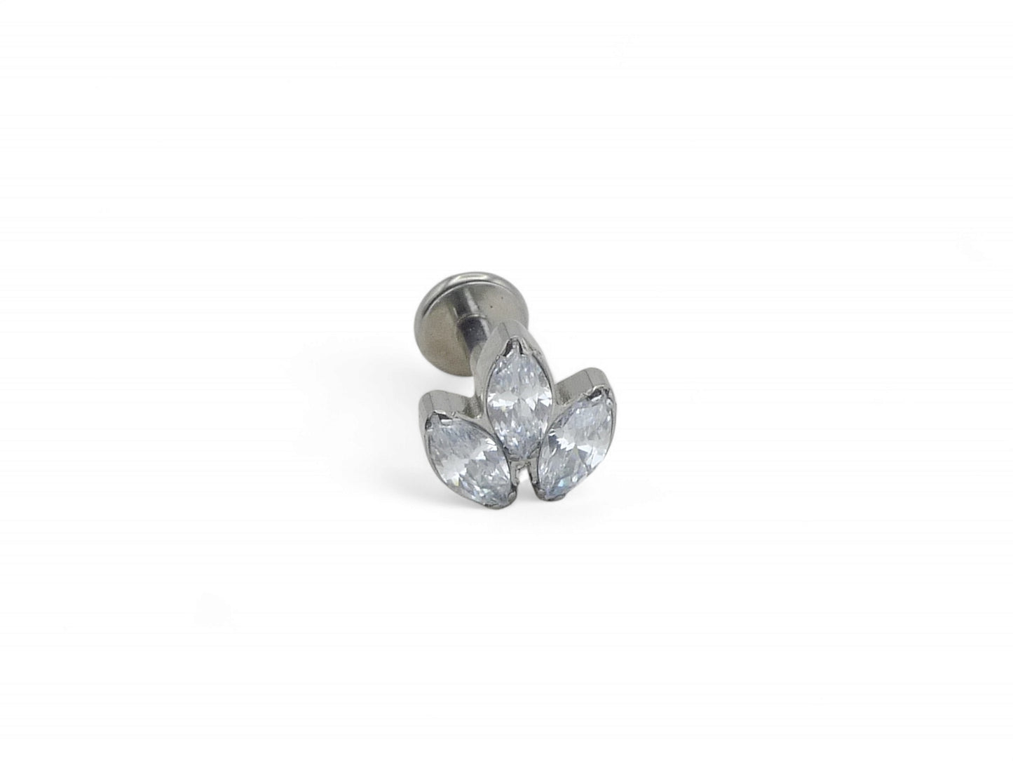 A single titanium push fit marquise lotus stud with a polished finish, featuring three marquise cut zirconias.