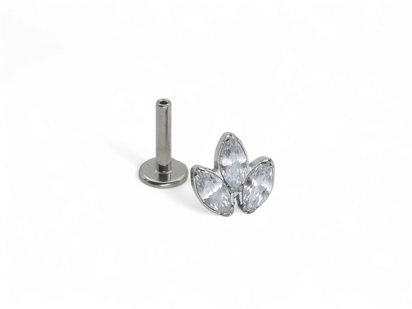 A single titanium push fit marquise lotus stud with a polished finish, featuring three marquise cut zirconias.
