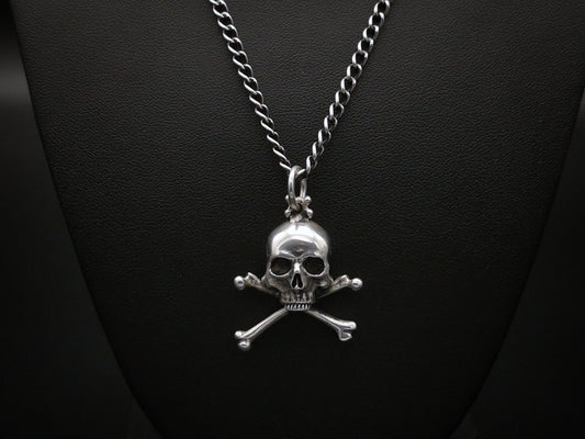 Sterling silver skull and crossbones pendant necklace with heavy curb chain