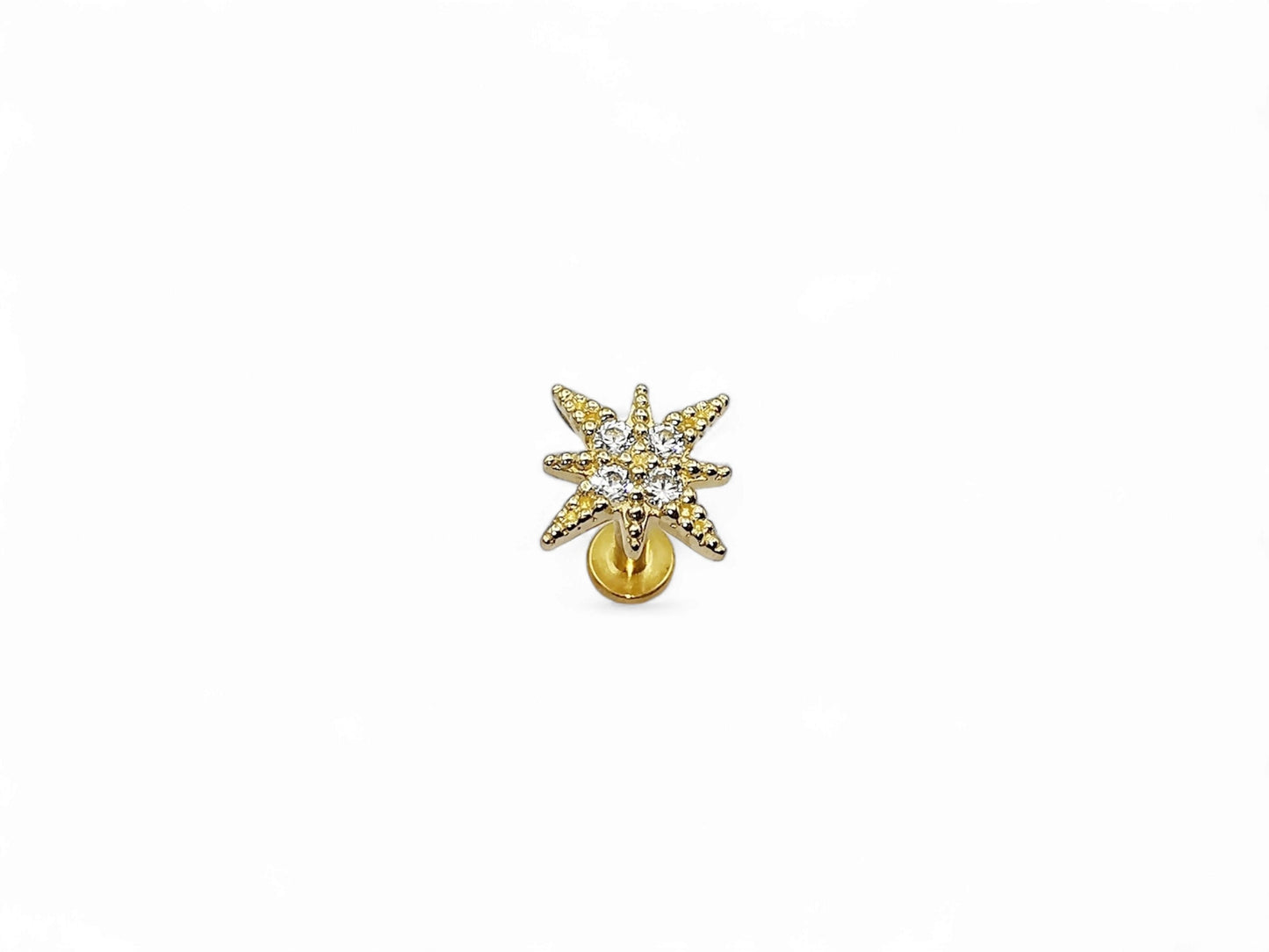 14ct gold threadless jewelled north star stud, 1.2mm/16g, 6mm-8mm length