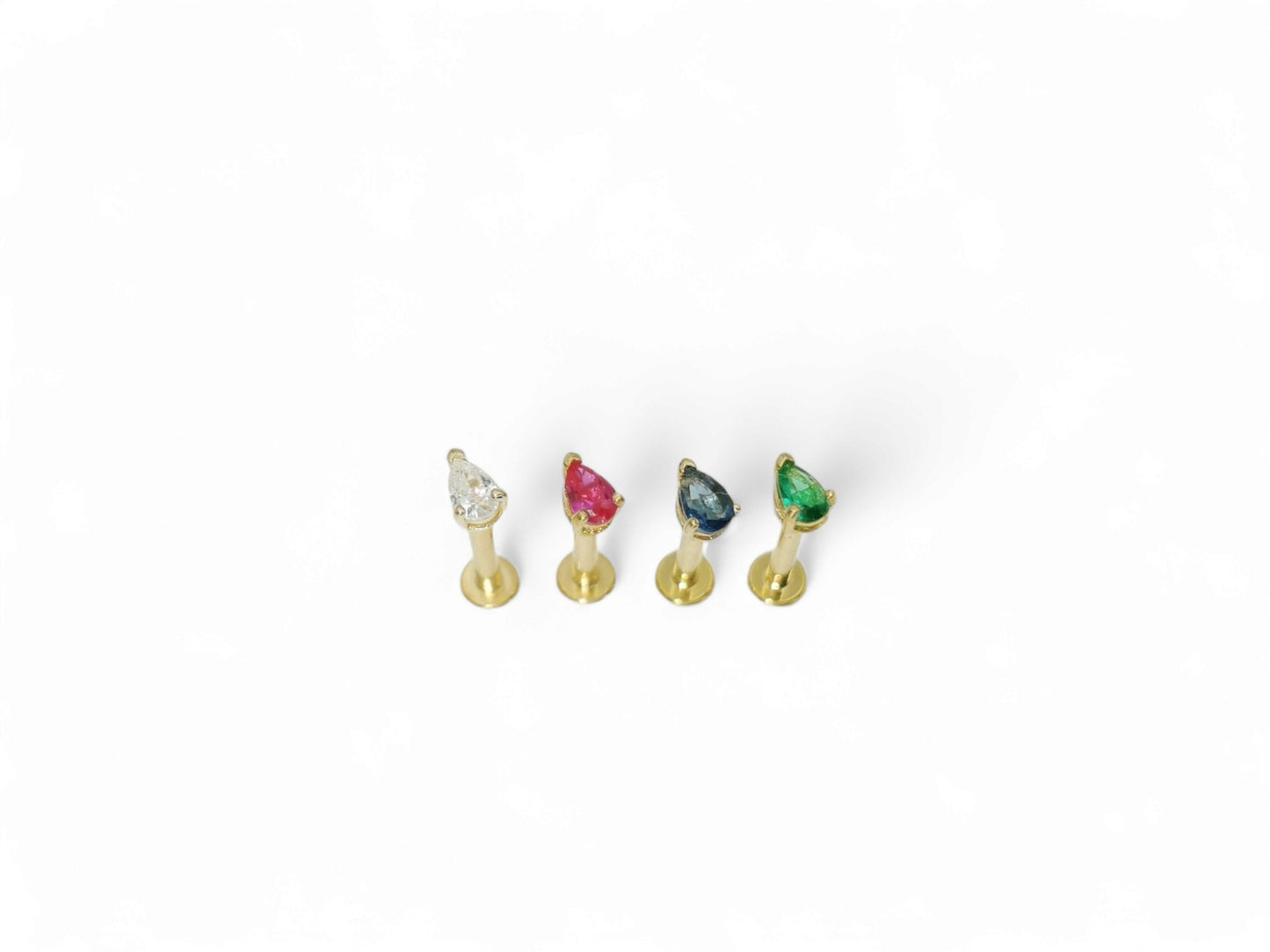 14ct gold jewelled teardrop push fit stud, 1.2mm/16g, 6mm-8mm length