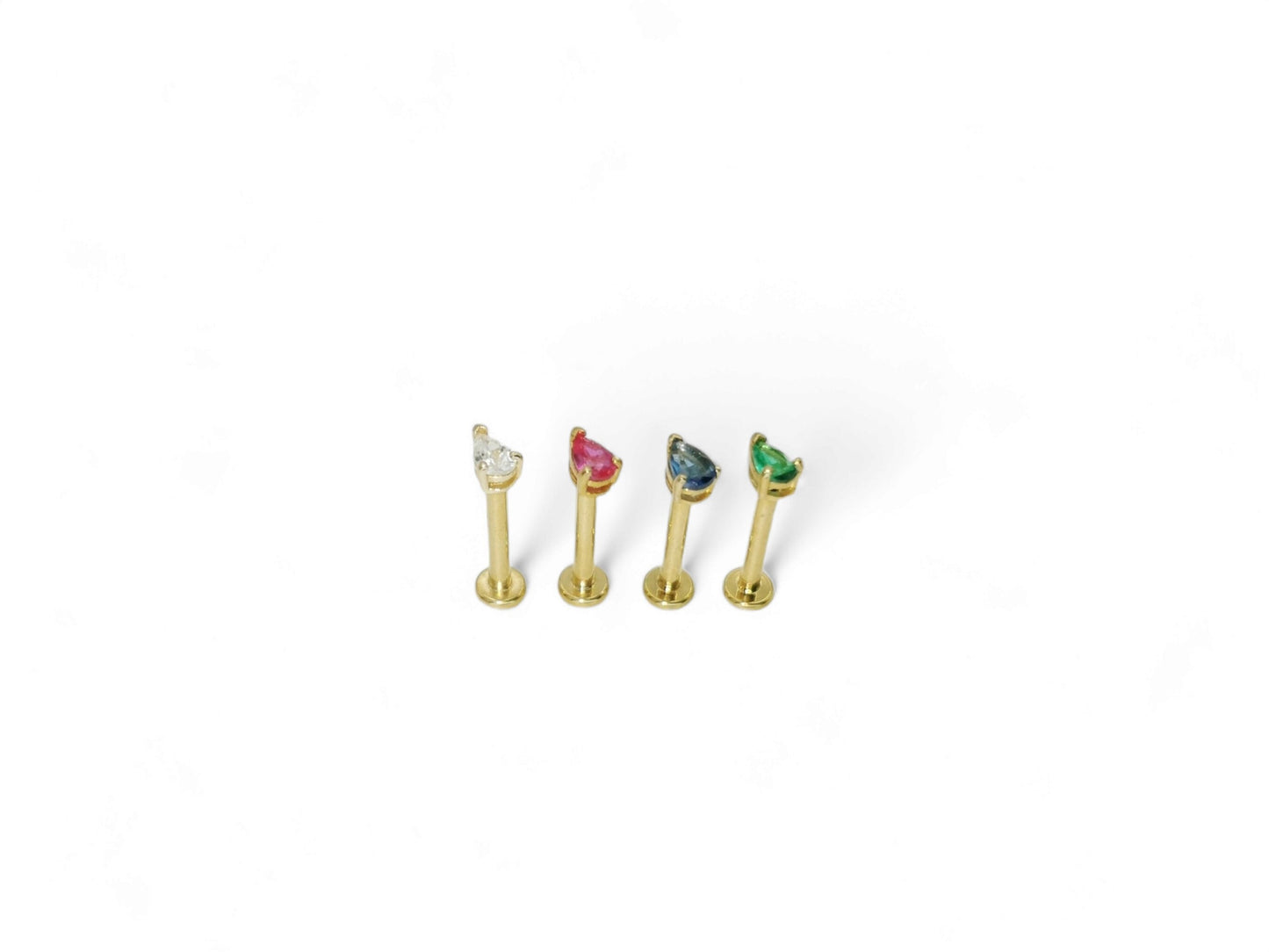 14ct gold jewelled teardrop push fit stud, 1.2mm/16g, 6mm-8mm length