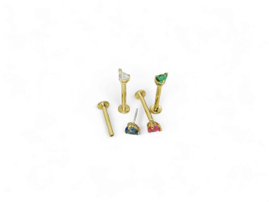 14ct gold jewelled teardrop push fit stud, 1.2mm/16g, 6mm-8mm length