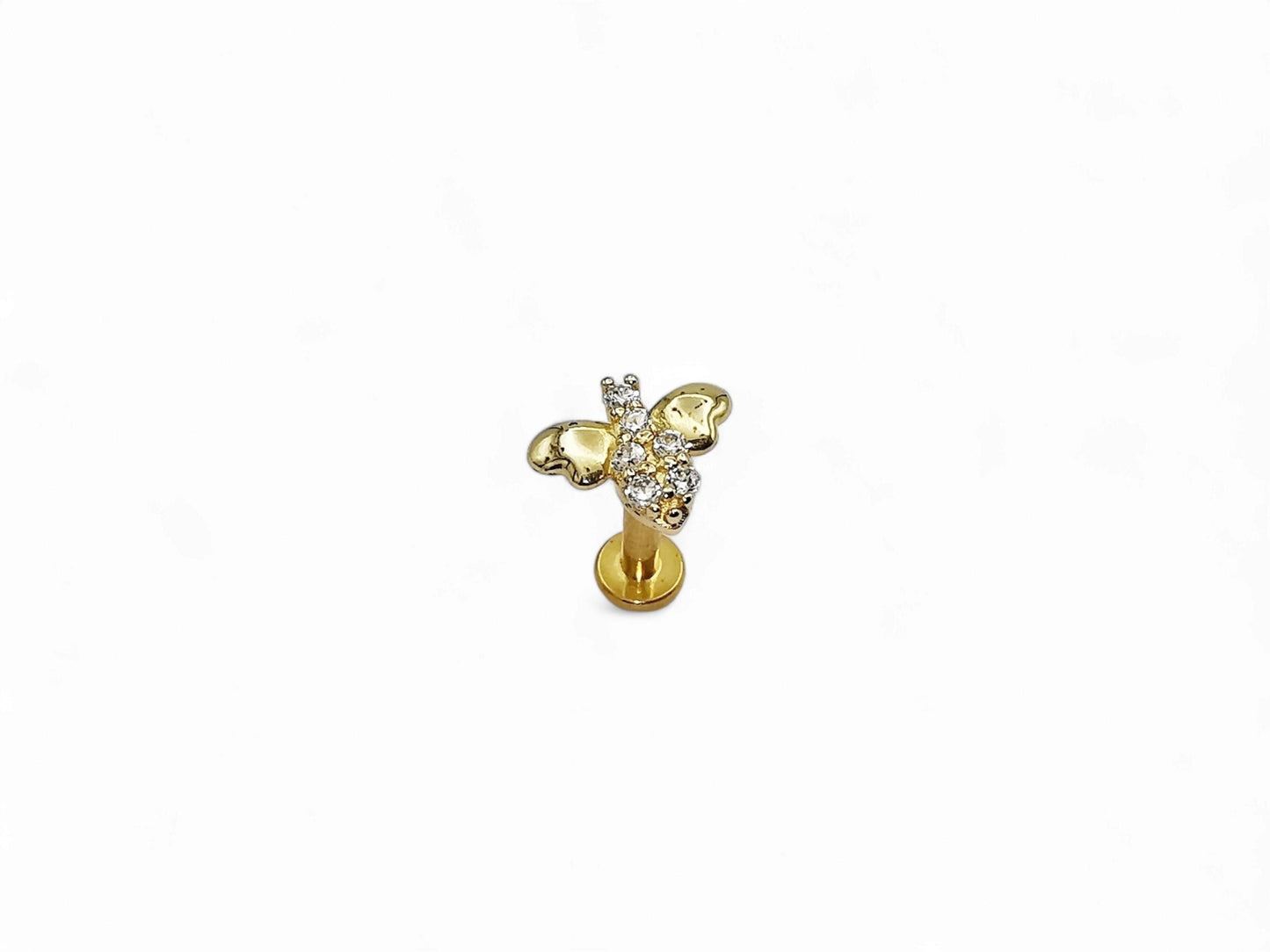 14ct gold threadless jewelled bee stud, 1.2mm/16g, 6mm-8mm length