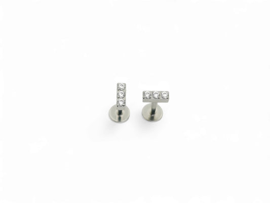 Titanium threadless jewelled baguette stud 1.2mm/16g, 6mm-9mm length