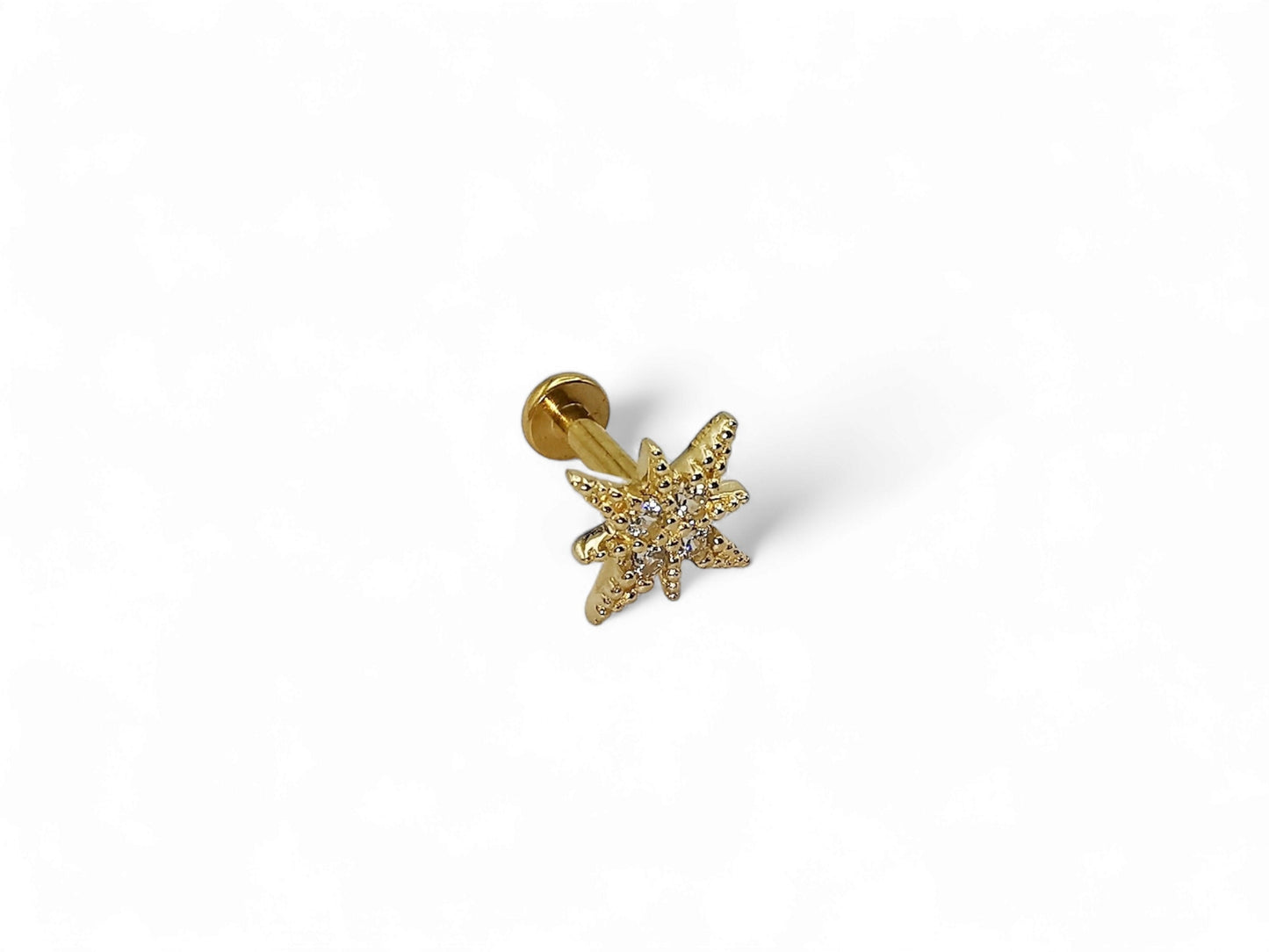 14ct gold threadless jewelled north star stud, 1.2mm/16g, 6mm-8mm length