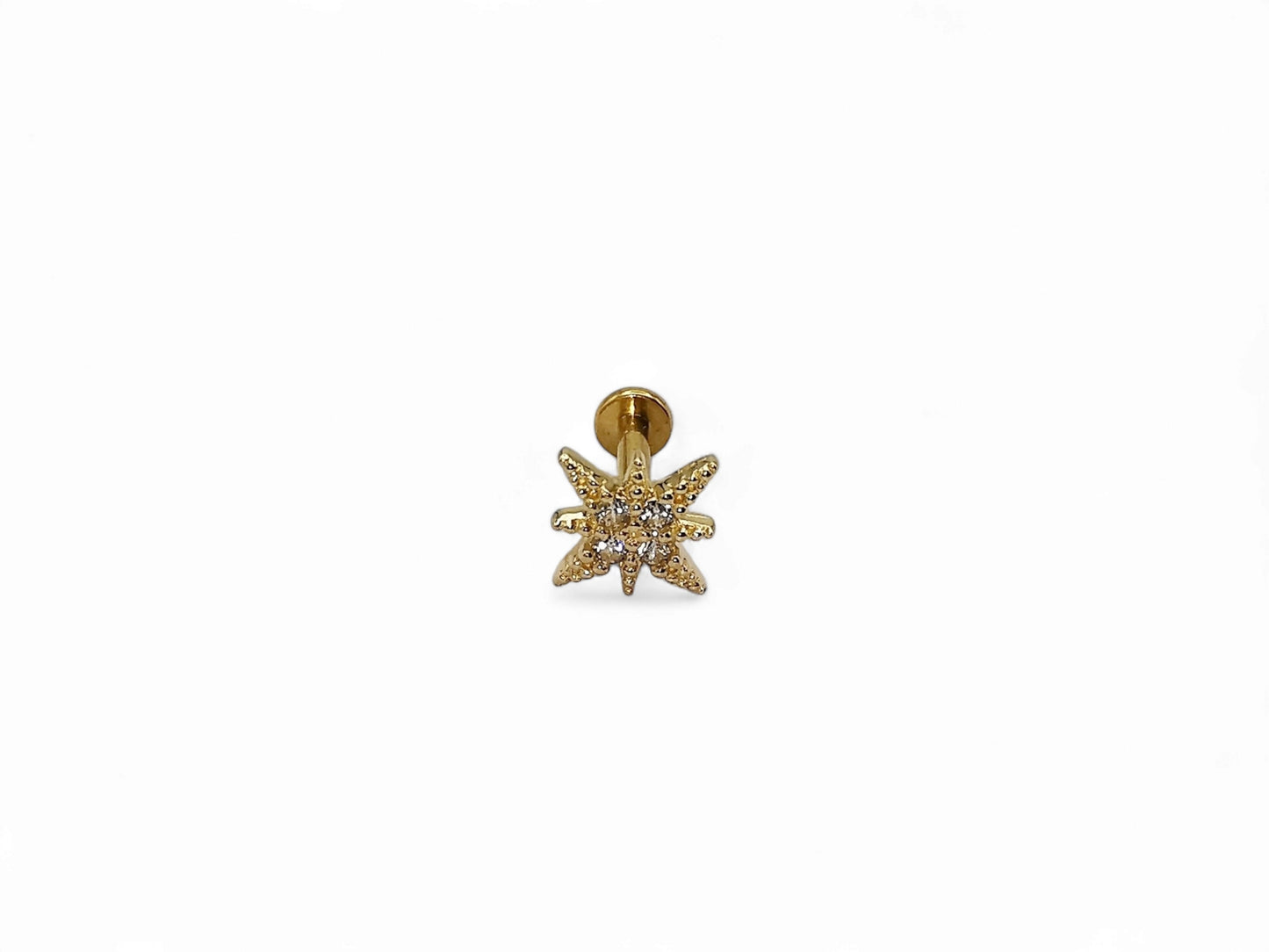 14ct gold threadless jewelled north star stud, 1.2mm/16g, 6mm-8mm length