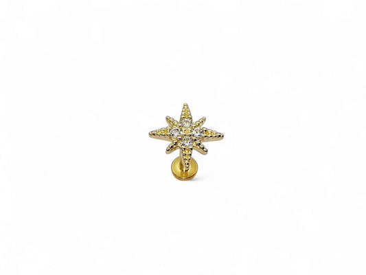 14ct gold threadless jewelled north star stud, 1.2mm/16g, 6mm-8mm length